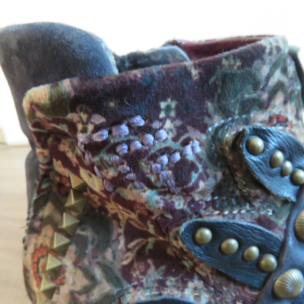 A.S. 98 Blue Floral Velvet Studded Bohemian Leather Ankle Booties Boots Grunge - Picture 6 of 15